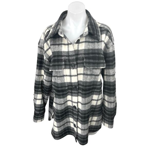 H&M Black White Wool Plaid Checkered Button Down Long Sleeve Shirt Top Jacket L - Picture 1 of 4
